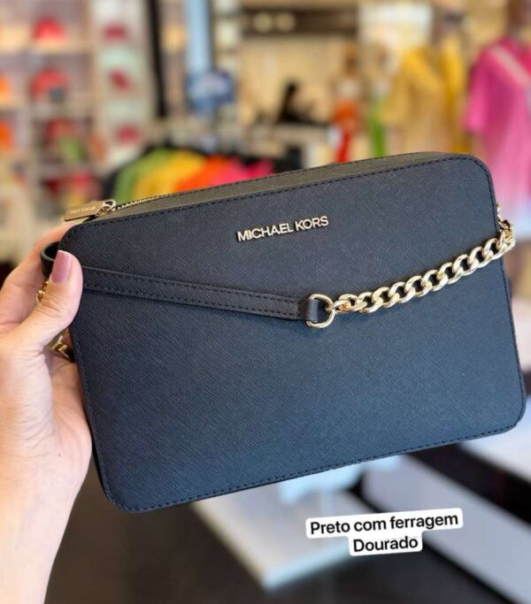 Bolsa Michael Kors Jet Set Preta com dourado crossbody