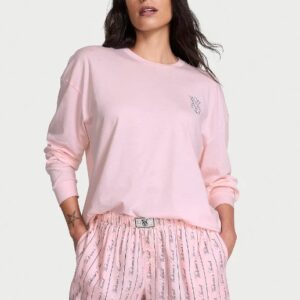 Pijama Feminino Rosa Manga Longa + Shorts Victorias Secret Tam G Algodão